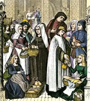 Clergy collecting tax from medieval merchants