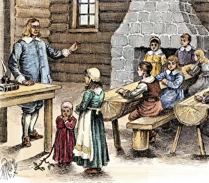 Colonist Collection: Colonial classroom in New England, 1600s