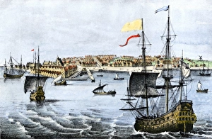 <b class=qtipBold><figcaption>Colonial New York harbor, 1667</figcaption></b><br>New York City after its surrender by the Dutch, 1667. Hand-colored halftone reproduction of a 17th-century illustration<br><em>© North Wind Picture Archives</em> Colonial New York harbor, 1667