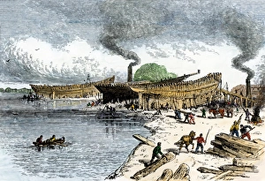 <b class=qtipBold><figcaption>Colonial shipyard</figcaption></b><br>Ship-building in colonial North America. Hand-colored woodcut of a 19th-century illustration<br><em>© North Wind Picture Archives</em> Colonial shipyard