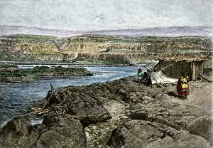 Native Americans Collection: Columbia River fishing camp of Native Americans