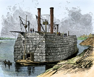 Cotton bales on a river boat, 1800s Cotton bales on a river boat, 1800s