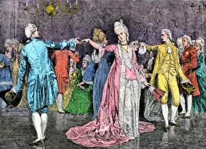 <b class=qtipBold><figcaption>Dancing the minuet, 1700s</figcaption></b><br>Couples dancing the minuet in an 18th-century ballroom. Hand-colored woodcut of a 19th-century illustration<br><em>© North Wind Picture Archives</em> Dancing the minuet, 1700s