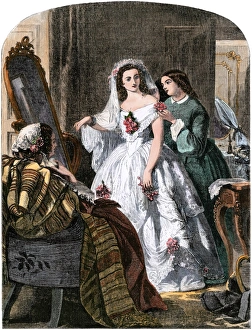 Final touches to the brides wedding gown, 1850s Final touches to the brides wedding gown, 1850s