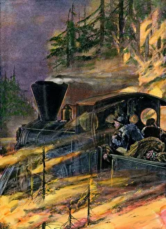 Forest fire engulfing a steam locomotive, 1890s Forest fire engulfing a steam locomotive, 1890s