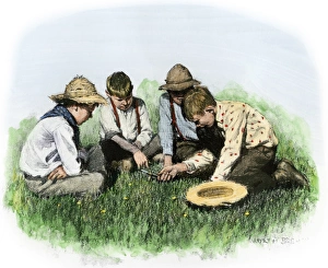 <b class=qtipBold><figcaption>Game of mumblety-peg, 1800s</figcaption></b><br>Boys playing mumblety-peg in the grass, 1800s. Hand-colored halftone reproduction of a 19th-century illustration<br><em>© North Wind Picture Archives</em> Game of mumblety-peg, 1800s