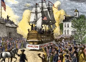 Alexander Hamilton Prints: Hand-colored woodcut print of a 1787 Ship of State parade on Wall Street