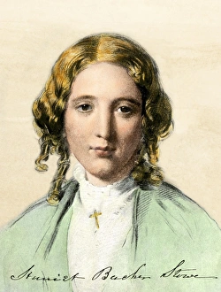 <b class=qtipBold><figcaption>Harriet Beecher Stowe</figcaption></b><br>Harriet Beecher Stowe in 1853, with her signature. Hand-colored halftone reproduction of a drawing by George Richardson<br><em>© North Wind Picture Archives</em> Harriet Beecher Stowe