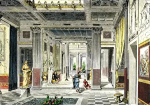 <b class=qtipBold><figcaption>Home in ancient Rome</figcaption></b><br>Roman house, viewed from the atrium through the tablinumin to the peristyle and a garden. Hand-colored woodcut of a 19th-century illustration<br><em>© North Wind Picture Archives</em> Home in ancient Rome
