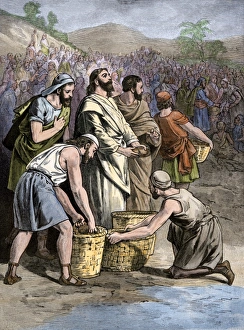 Jesus performs the miracle of loaves and fishes Jesus performs the miracle of loaves and fishes