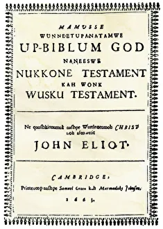 <b class=qtipBold><figcaption>John Eliot's Indian Bible</figcaption></b><br>Title page of John Eliot's translation of the Bible into a Native American language, 1663. Document<br><em>© North Wind Picture Archives</em> John Eliot's Indian Bible