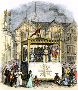Prints of Performance of a Mystery Play at Coventry, England, 1500s. Hand-colored woodcut Coventry Prints: Hand-colored woodcut Print of a Mystery Play Performance