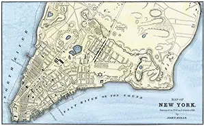 <b class=qtipBold><figcaption>Manhattan map, 1780s</figcaption></b><br>John Hill's map of New York City, surveyed in 1782, drawn in 1785. Hand-colored woodcut reproduction of an 18th-century illustration<br><em>© North Wind Picture Archives</em> Manhattan map, 1780s