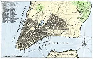 <b class=qtipBold><figcaption>Manhattan map, 1789</figcaption></b><br>Map of the City of New York, 1789. Hand-colored woodcut reproduction of an 18th century illustration<br><em>© North Wind Picture Archives</em> Manhattan map, 1789