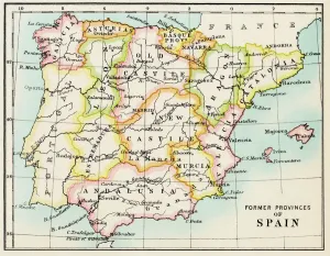 Prints of Map of the former provinces of Spain. Printed color lithograph of a 19th-century illustration Spain Prints: Traditional Provinces of Spain Color Print