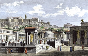 <b class=qtipBold><figcaption>Marketplace of ancient Athens</figcaption></b><br>Agora, or market area, of ancient Athens, with a backdrop of the Acropolis. Hand-colored engraving of a 19th-century illustration<br><em>© North Wind Picture Archives</em> Marketplace of ancient Athens