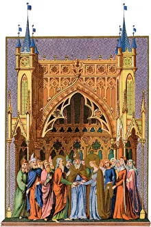 <b class=qtipBold><figcaption>Marriage of Mary and Joseph</figcaption></b><br>Marriage of the Virgin Mary. Printed lithograph reproduction of a miniature from a Book of Hours, 1400s<br><em>© North Wind Picture Archives</em> Marriage of Mary and Joseph