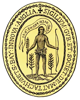 <b class=qtipBold><figcaption>Massachusetts Bay Colony seal</figcaption></b><br>Insignia of the Massachusetts Bay Colony. Hand-colored woodcut reproduction<br><em>© North Wind Picture Archives</em> Massachusetts Bay Colony seal