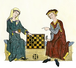 <b class=qtipBold><figcaption>Medieval game of chess</figcaption></b><br>Chess players in the Middle Ages Hand-colored 19th-century woodcut reproduction of a 13th-century manuscript illustration<br><em>© North Wind Picture Archives</em> Medieval game of chess