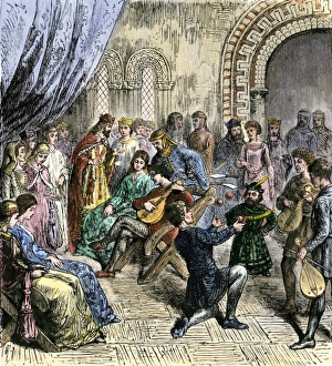 <b class=qtipBold><figcaption>Medieval juggler and minstrels</figcaption></b><br>Minstrels and jugglers performing at a royal court, Middle Ages. Hand-colored woodcut of a 19th-century illustration<br><em>© North Wind Picture Archives</em> Medieval juggler and minstrels