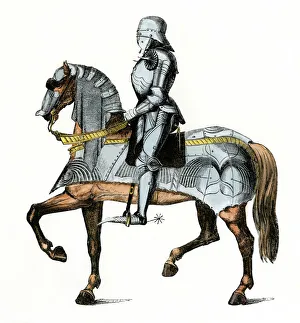 <b class=qtipBold><figcaption>Medieval knight and his horse</figcaption></b><br>Knight armed and mounted, ready for battle. Hand-colored woodcut of a 19th-century illustration<br><em>© North Wind Picture Archives</em> Medieval knight and his horse