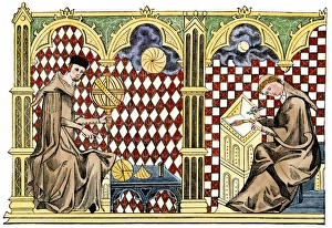 Medieval monks studying geometry and copying a manuscript Medieval monks studying geometry and copying a manuscript