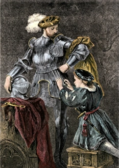 Medieval squire helping a knight into his armor Medieval squire helping a knight into his armor