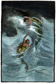 <b class=qtipBold><figcaption>Mermaids</figcaption></b><br>Two mermaids playing in the waves, "a Nixie's legend." Hand-colored woodcut of a 19th-century illustration<br><em>© North Wind Picture Archives</em> Mermaids