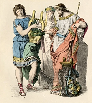 Ancient Greek musician playing the lyre, a priest of Bacchus, and a Greek king holding a laurel wreath.
Antique hand-colored print Musician, priest, and king of ancient Greece