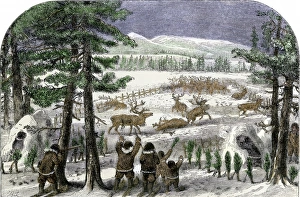 Native Americans herding reindeer in Alaksa Native Americans herding reindeer in Alaksa