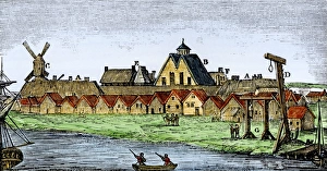 <b class=qtipBold><figcaption>New Amsterdam in the mid-1600s</figcaption></b><br>Fort, wall, windmill, church, gallows, and pillory of New Amsterdam, 1659. Hand-colored woodcut reproduction of a 17th-century illustration<br><em>© North Wind Picture Archives</em> New Amsterdam in the mid-1600s