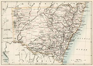 <b class=qtipBold><figcaption>New South Wales map, 1800s</figcaption></b><br>Map of New South Wales, Australia, 1870s. Color lithograph reproduction of a 19th-century illustration<br><em>© North Wind Picture Archives</em> New South Wales map, 1800s