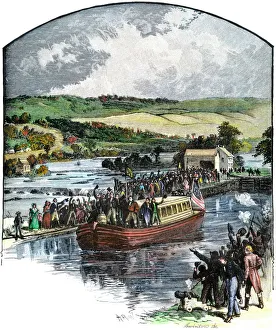 <b class=qtipBold><figcaption>Opening the Erie Canal, 1825</figcaption></b><br>New York Governor Dewitt Clinton on the ceremonial first boat to open the Erie Canal, 1825. Hand-colored woodcut of a 19th-century illustration<br><em>© North Wind Picture Archives</em> Opening the Erie Canal, 1825