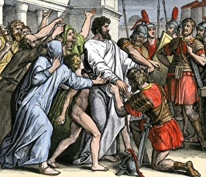 <b class=qtipBold><figcaption>Paul arrested in Jerusalem</figcaption></b><br>Arrest of the apostle Paul in Jerusalem, to be sent to prison in Caesarea. Hand-colored woodcut of a 19th-century illustration<br><em>© North Wind Picture Archives</em> Paul arrested in Jerusalem