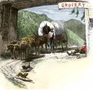 Prints of Covered wagon entering Kentucky through Cumberland Gap. Hand-colored woodcut of a 19th-century illustration Cumberland Prints: Covered Wagon Print: A Hand-colored Woodcut of Pioneers Entering Kentucky