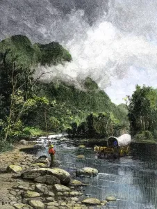 Prints of Covered wagon fording the Cumberland River in Kentucky, 1800s. Hand-colored woodcut of a 19th-century illustration Cumberland Prints: Covered Wagon Print: Hand-colored Woodcut of a Pioneers Scene