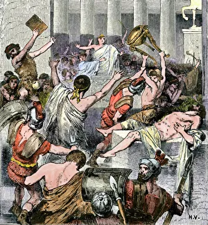 <b class=qtipBold><figcaption>Plebians' revolt, ancient Rome</figcaption></b><br>Revolt of the plebeians against the government of ancient Rome, 207 BC. Hand-colored woodcut of a 19th-century illustration<br><em>© North Wind Picture Archives</em> Plebians' revolt, ancient Rome