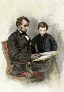 Prints of President Lincoln reading to his son, Tad. Hand-colored woodcut of a photograph by Matthew Brady B Prints: Hand-colored woodcut print of President Lincoln reading to his son Tad