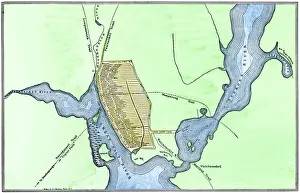 <b class=qtipBold><figcaption>Providence, Rhode Island, 1664</figcaption></b><br>Map of Providence, Rhode Island, in 1664, showing property of original proprietors. Hand-colored 19th-century woodcut reproduction of the document<br><em>© North Wind Picture Archives</em> Providence, Rhode Island, 1664