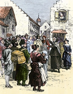 <b class=qtipBold><figcaption>Quaker in New Amsterdam, 1600s</figcaption></b><br>Quaker woman preaching to Dutch colonists in New Amsterdam (now New York City), 1600s. Hand-colored woodcut of a 19th-century illustration<br><em>© North Wind Picture Archives</em> Quaker in New Amsterdam, 1600s