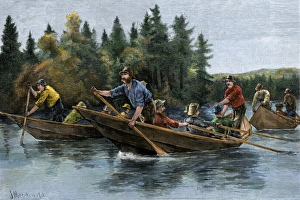 Racing heavy canoes on a northern river, 1800s Racing heavy canoes on a northern river, 1800s