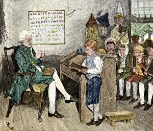 Reading les s on in a Penns ylvania clas s room, 1700s