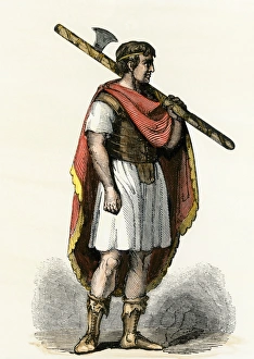<b class=qtipBold><figcaption>Roman lictor bearing the fasces</figcaption></b><br>Roman lictor bearing the fasces, the symbol of his office. Hand-colored woodcut of a 19th-century illustration<br><em>© North Wind Picture Archives</em> Roman lictor bearing the fasces