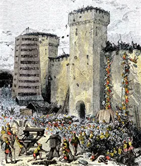<b class=qtipBold><figcaption>Roman siege of a fortified city</figcaption></b><br>Roman legions attacking a city to expand the Roman Empire. Hand-colored woodcut of a 19th-century illustration<br><em>© North Wind Picture Archives</em> Roman siege of a fortified city