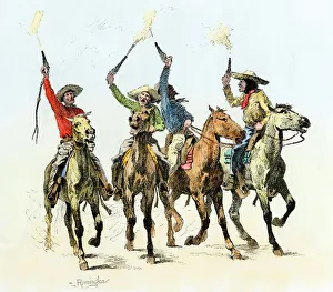 <b class=qtipBold><figcaption>Rowdy cowboys</figcaption></b><br>Rowdy cow-punchers firing their guns in the air. Hand-colored engraving of a 19th-century Frederic Remington illustration<br><em>© North Wind Picture Archives</em> Rowdy cowboys