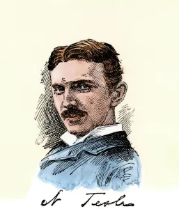 Nikola Tesla Prints: Nikola Tesla Print, Hand-colored Woodcut Portrait