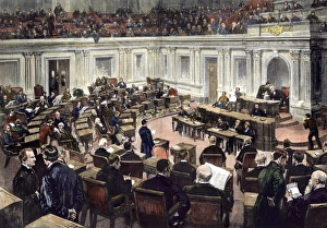 <b class=qtipBold><figcaption>US Senate in session, late 1800s</figcaption></b><br>U.S. Senate debating legislation in the late 1800s. Hand-colored woodcut of a 19th-century illustration<br><em>© North Wind Picture Archives</em> US Senate in session, late 1800s