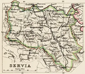 <b class=qtipBold><figcaption>Serbia map</figcaption></b><br>Map of Servia in the 1870s. Printed color lithograph reproduction of a 19th-century illustration<br><em>© North Wind Picture Archives</em> Serbia map