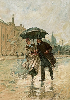 Sharing an umbrella, England, 1800s Sharing an umbrella, England, 1800s