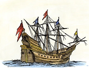 <b class=qtipBold><figcaption>Ship in the 1600s</figcaption></b><br>Sailing-ship of the seventeenth century. Hand-colored 19th-century woodcut reproduction of an earlier illustration<br><em>© North Wind Picture Archives</em> Ship in the 1600s